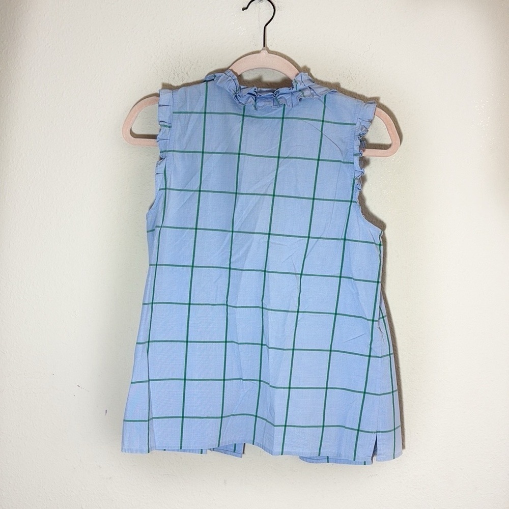 J.‎ Crew Ruffle Button Down Shirt Windowpane Plaid 100% cotton blue green size 2 - Picture 4 of 9